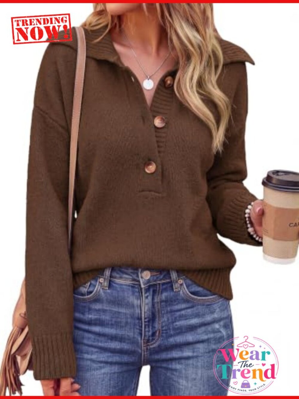 Womens Long Sleeve Polo Sweater Button Up V-Neck Pullover Knit Top